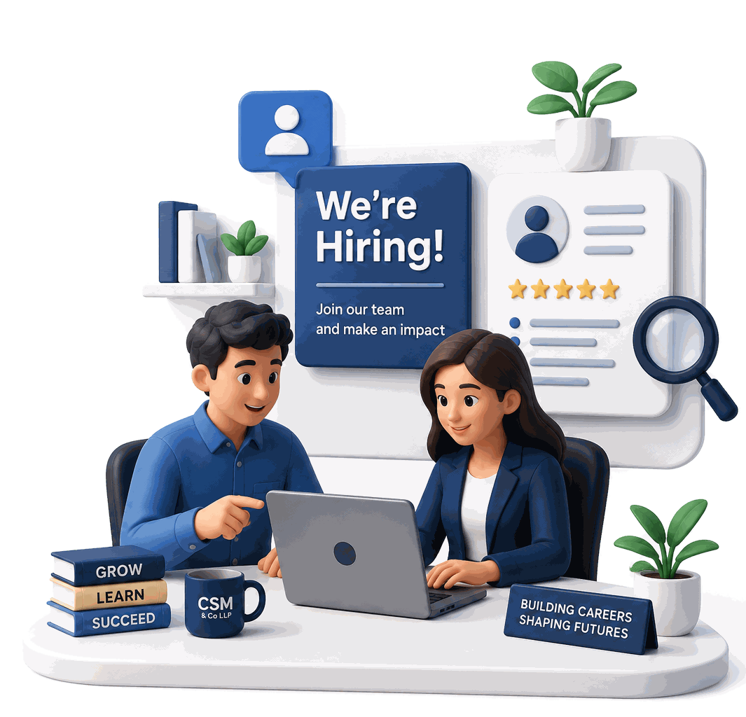 Two CSM & Co LLP team members reviewing job applications on a laptop beside a We're Hiring board